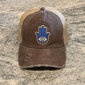 New Custom Designed Brown and Tan Mesh Trucker Hat with Hamsa & Evil Eye